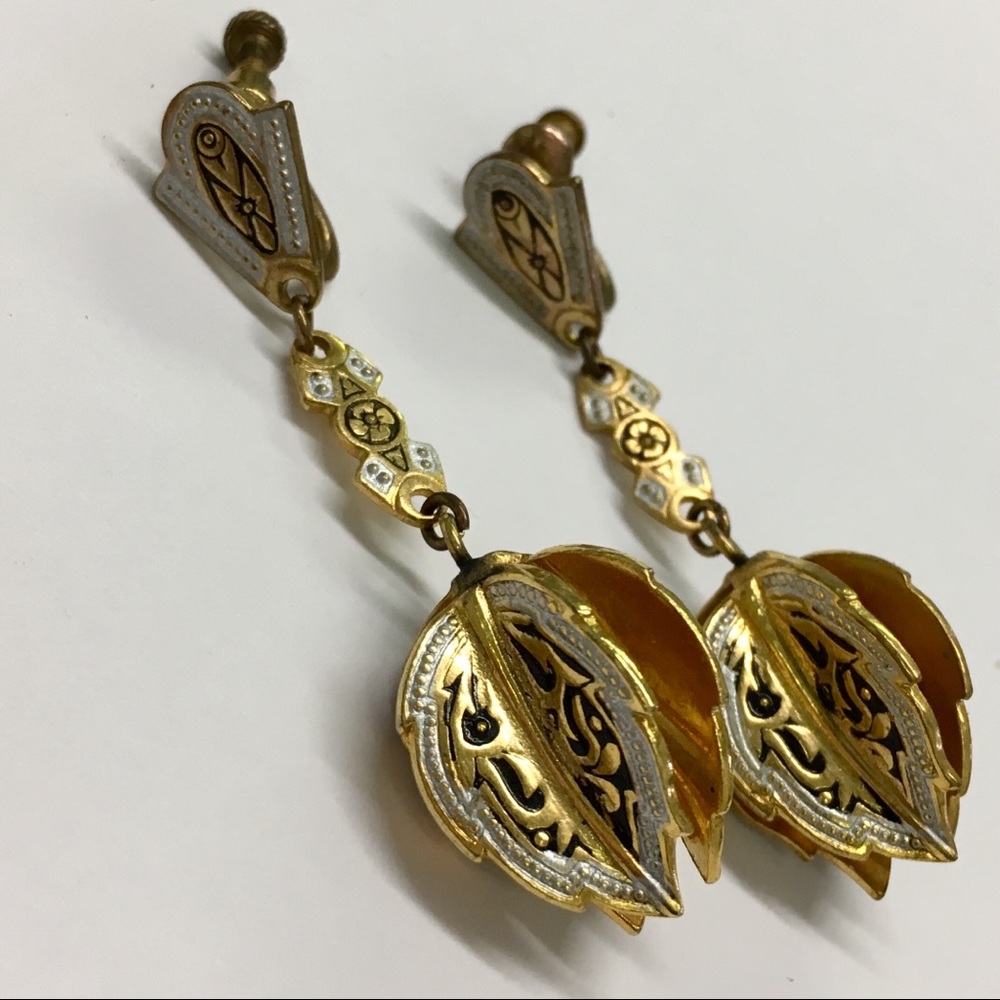 Vintage Damascene Screw Back Drop Earrings Pair